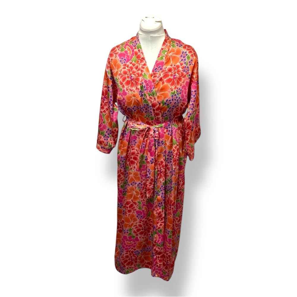 Cruz Women’s Bold Floral Satin Belted Kimono Robe Boho Duster Loungewear Pink M